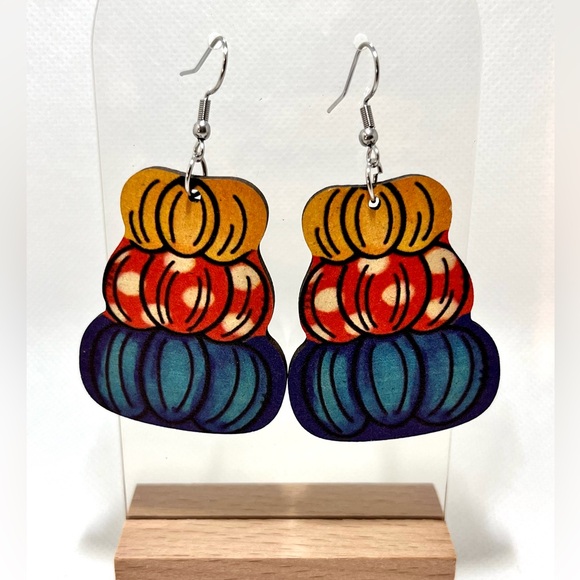 Hand Crafted Jewelry - NWT Pumpkin Stack Drop & Dangle Earrings Lightweight Wood Fall Autumn Halloween